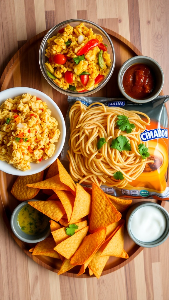 A wooden platter with Indian snacks: puffed rice with vegetables, instant noodles, and masala chips, accompanied by chutneys.